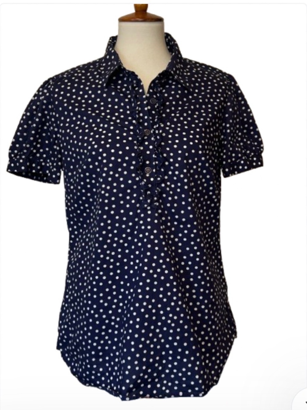 Lilly Pulitzer Polka Dot Navy /White Short Puff Sleeve Ruffled Placket Top 12